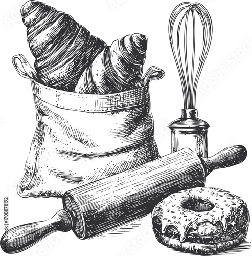 Croissants sketch hand drawn with rolling pin whisk donut bakery tools — stock vector