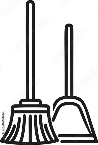 Broom and dustpan sketch hand drawn cleaning tools outline — stock vector