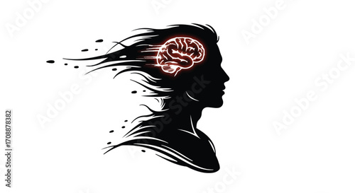 Silhouette of a man's head with a glowing brain, symbolizing imagination and thought.