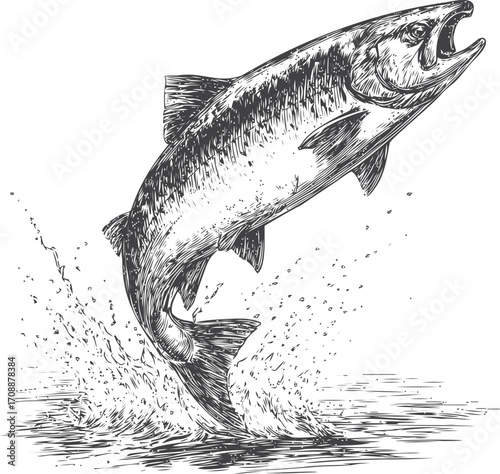 Leaping fish sketch hand drawn style with water splash detail — stock vector