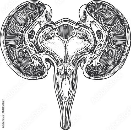 Kidneys anatomical sketch hand drawn cross section with ureters and renal pelvis — stock vector