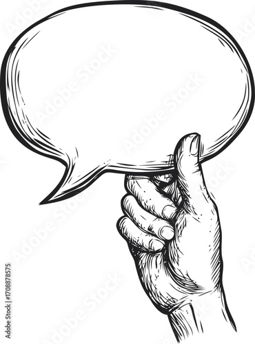 Hand holding speech bubble sketch hand drawn style isolated on white — stock vector