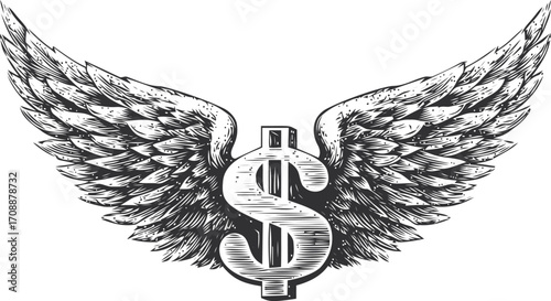Dollar sign with large wings sketch hand drawn financial freedom concept — stock vector