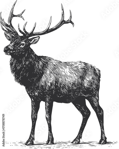 Elk sketch hand drawn standing with large antlers detailed fur — stock vector
