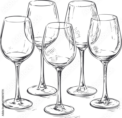 Wine glasses sketch hand drawn group of five elegant stemware — stock vector