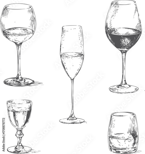 Wine glasses sketch hand drawn set with different glassware types — stock vector
