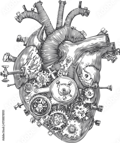Mechanical heart sketch hand drawn with gears and cogs steam punk anatomy concept — stock vector