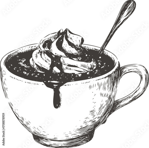 Coffee cup sketch hand drawn with whipped cream and spoon — stock vector