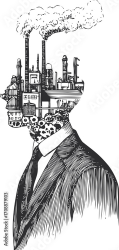Man silhouette sketch, hand drawn with industrial factory pollution inside head — stock vector