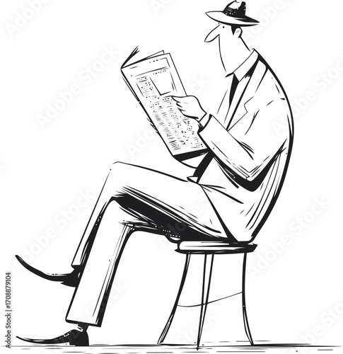 Man reading newspaper sketch hand drawn style sitting on chair in suit and hat — stock vector