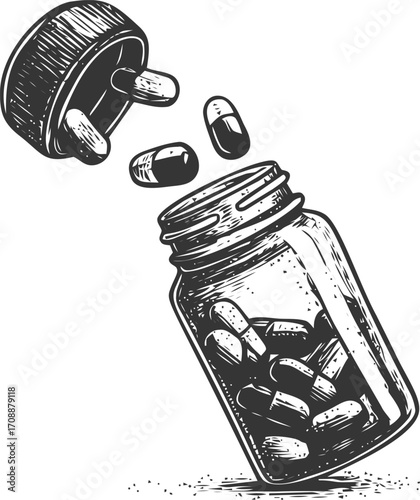 Pill bottle sketch, hand drawn style, open cap with capsules spilling out — stock vector