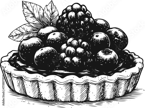 Berry tart sketch hand drawn with blueberries blackberries and leaves detailed dessert — stock vector