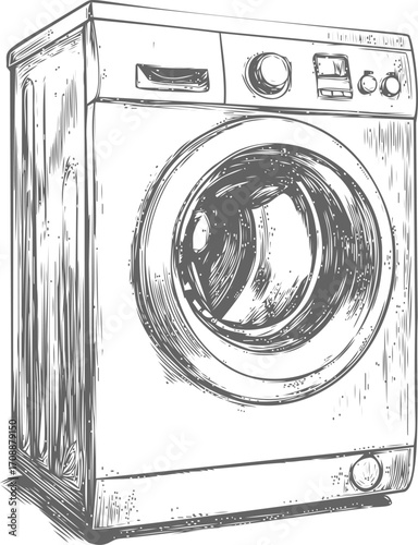 Washing machine sketch hand drawn front load appliance detailed monochrome illustration — stock vector