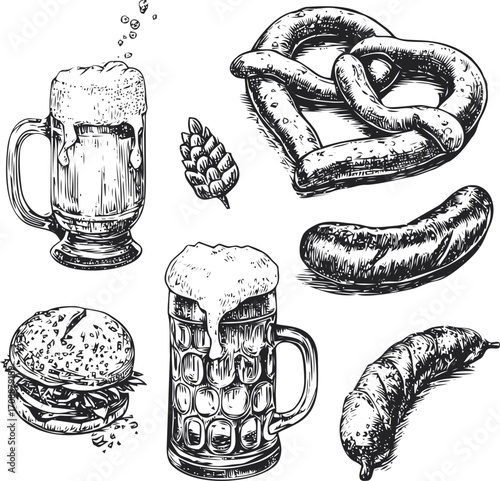 Beer mug sketch, hand drawn with pretzel, sausages, burger, hop cone — stock vector