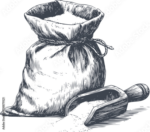 Flour sack sketch, hand drawn style with scoop and spilled flour — stock vector
