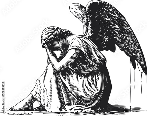 Weeping angel sketch, hand drawn mourning figure with wings in sorrowful pose — stock vector