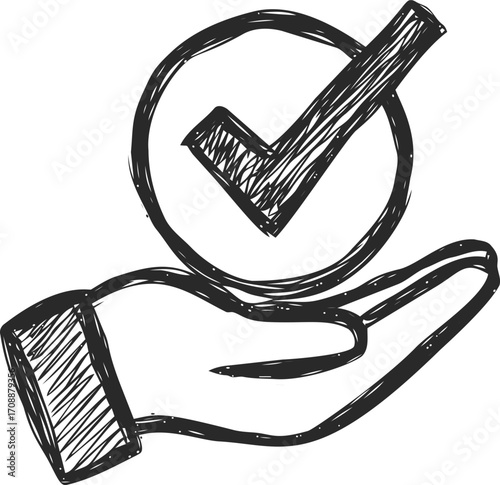 Hand holding check mark sketch hand drawn approval symbol minimalist style — stock vector
