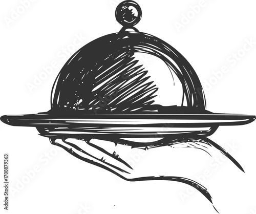 Serving tray hand drawn sketch, waiter holding covered platter — stock vector