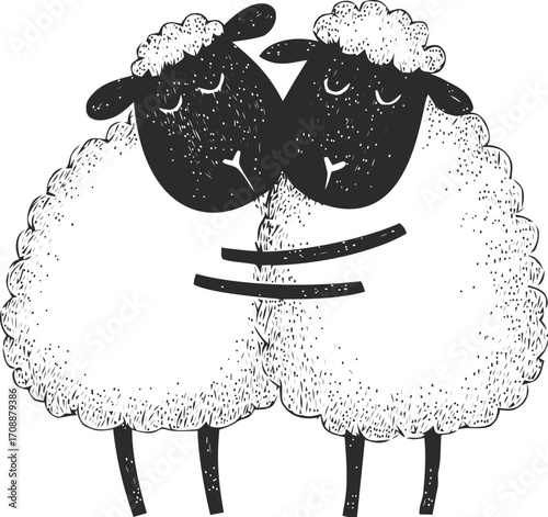 Two sheep hand drawn sketch hugging with textured wool and simple lines — stock vector