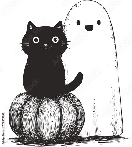 Black cat sketch sitting on pumpkin with smiling ghost. Halloween concept — stock vector