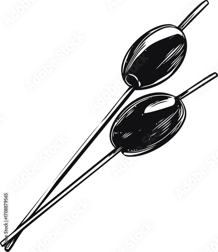 Olives on cocktail sticks sketch hand drawn black and white illustration — stock vector