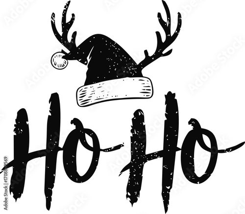 Santa hat with antlers and Ho Ho text sketch hand drawn festive design — stock vector