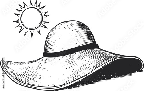 Wide brim sun hat sketch with sun, hand drawn summer accessory — stock vector