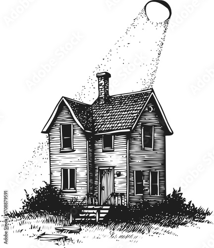 Old house sketch hand drawn with moonlight shining on roof — stock vector
