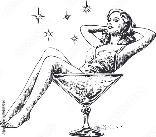 Woman in martini glass sketch hand drawn vintage pin up style with stars — stock vector