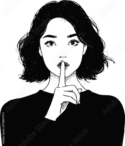 Woman shushing gesture sketch hand drawn portrait with finger on lips — stock vector