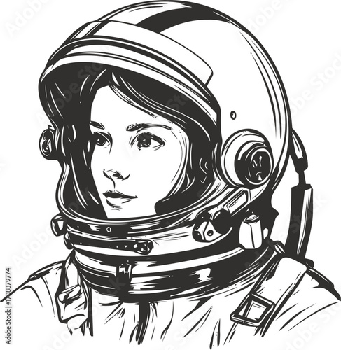 Female astronaut sketch hand drawn portrait in detailed space helmet — stock vector