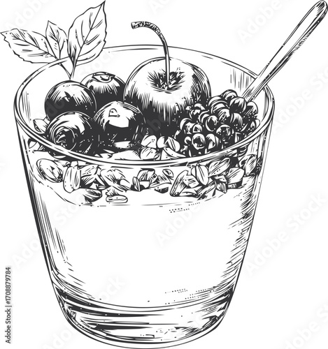 Fruit parfait sketch hand drawn with berries granola and spoon in glass — stock vector