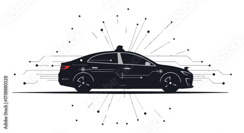 Sleek autonomous vehicle with digital network connections, symbolizing futuristic transportation and smart technology.