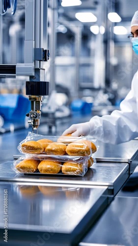 Automated packaging process in modern bakery factory: hightech assembly of freshly baked goods