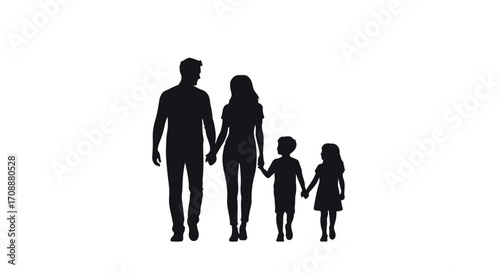 Silhouette of a loving family holding hands walking together on a bright day.