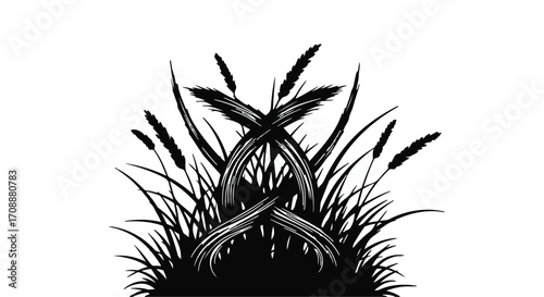 Elegant black and white illustration of stylized reeds and feathers forming a symmetrical crest.
