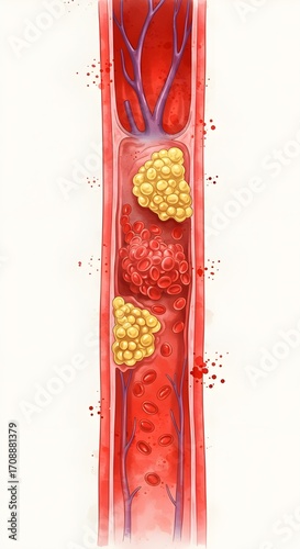 Detailed medical illustration of blocked blood vessel with cholesterol plaque, educational healthcare art.