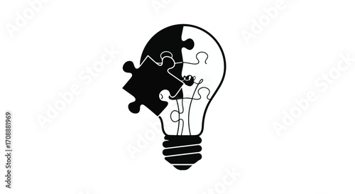 Puzzle pieces forming a glowing lightbulb, symbolizing a new idea or solution
