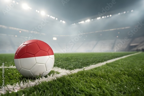 A soccer ball with the flag of indonesia on the corner of a soccer field at night