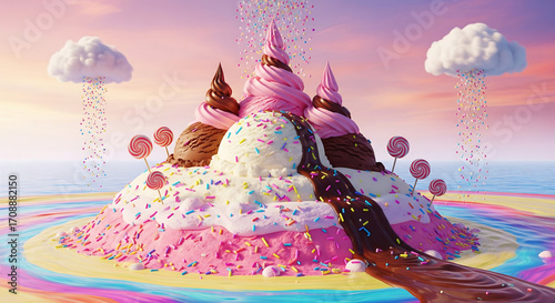 Fantasy landscape of ice cream mountain with chocolate river and candy sprinkle rain clouds