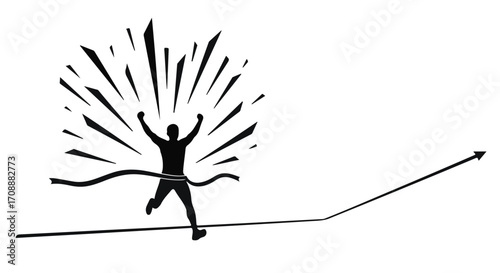 Silhouette of a person triumphantly crossing a finish line with arms raised in victory, symbolizing success and achievement.