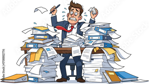 Cartoon stressed office worker buried in paperwork, workplace pressure illustration, overload and deadline concept, chaotic desk character design, business stress theme, vector art