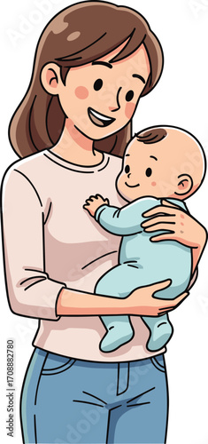Cartoon adult holding baby, family bonding illustration, parent and child love concept, nurturing and care, happy parenting moment, affection and togetherness, vector design