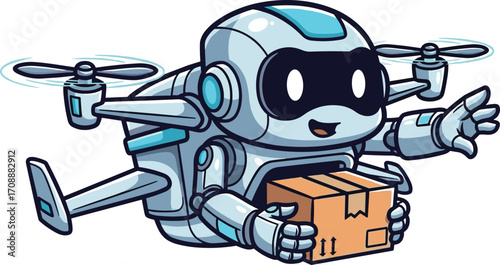 Cartoon flying delivery robot with package, drone technology illustration, futuristic logistics and automation concept, friendly service character design