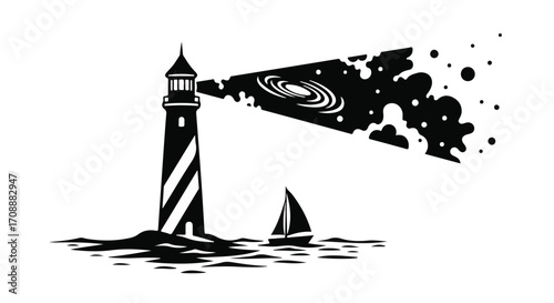 Lighthouse beams a cosmic galaxy, guiding a lone sailboat on a starry sea.