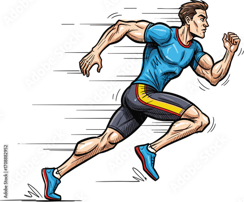 Cartoon male runner in athletic outfit, sprinting at high speed, sports and fitness illustration, determination and energy concept, physical activity and training, vector design