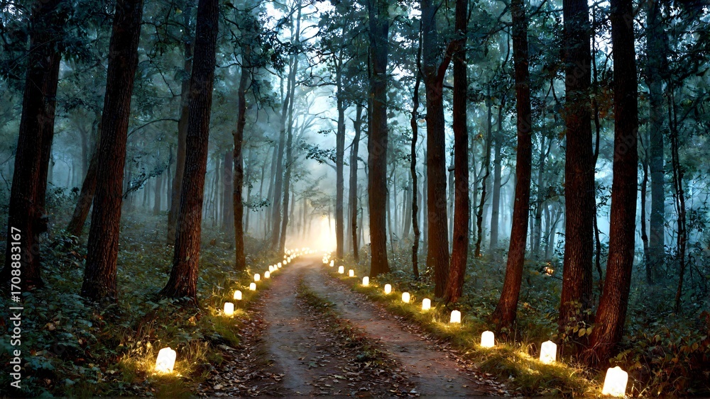 Obraz premium Enchanting forest path illuminated by glowing lanterns creates magical woodland atmosphere for fairytale projects