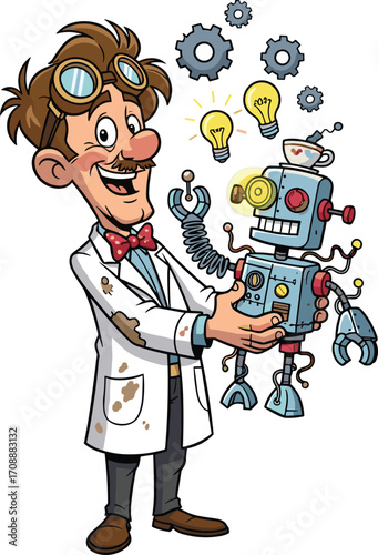 Cartoon cheerful scientist holding small robot, invention and innovation illustration, science and technology concept, creative engineering character design, robotics and discovery theme, vector art