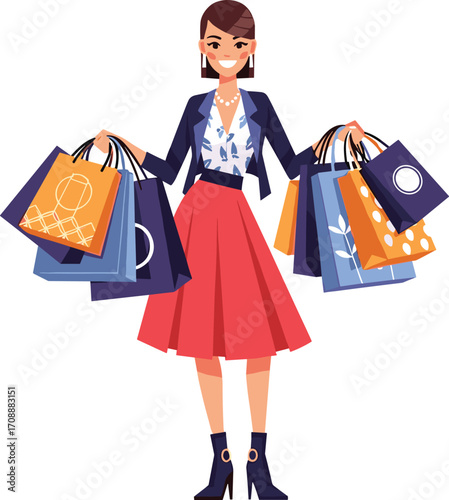 Fashionable woman carrying shopping bags, retail and consumerism illustration, style and fashion concept, trendy shopper character design, boutique and mall theme, vector art