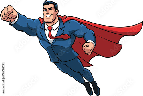 Cartoon superhero flying with red cape, blue suit and red tie, heroic action pose illustration, strength and determination concept, power and courage, vector design